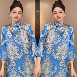新中式高级感气质提花旗袍裙2025夏季新款国风7分袖盘口连衣裙女