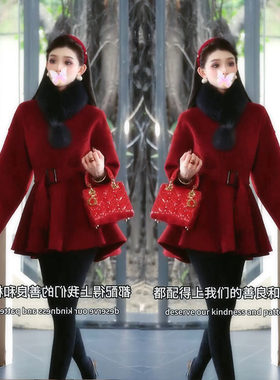 红色毛毛领呢子收腰显瘦外套