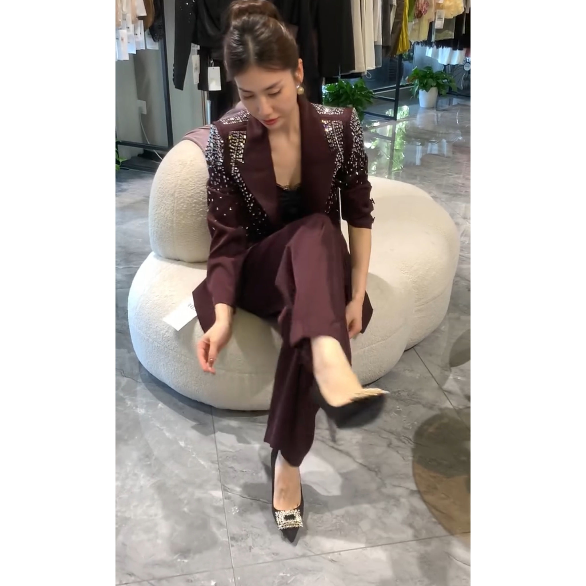 重工镶钻西装外套阔腿裤裤两件套