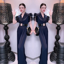 网红爆款高级感时尚显瘦连体裤女2025夏新款木耳边v领高腰阔腿裤