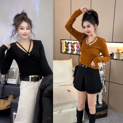 性感锁骨V领修身打底衫百搭显瘦