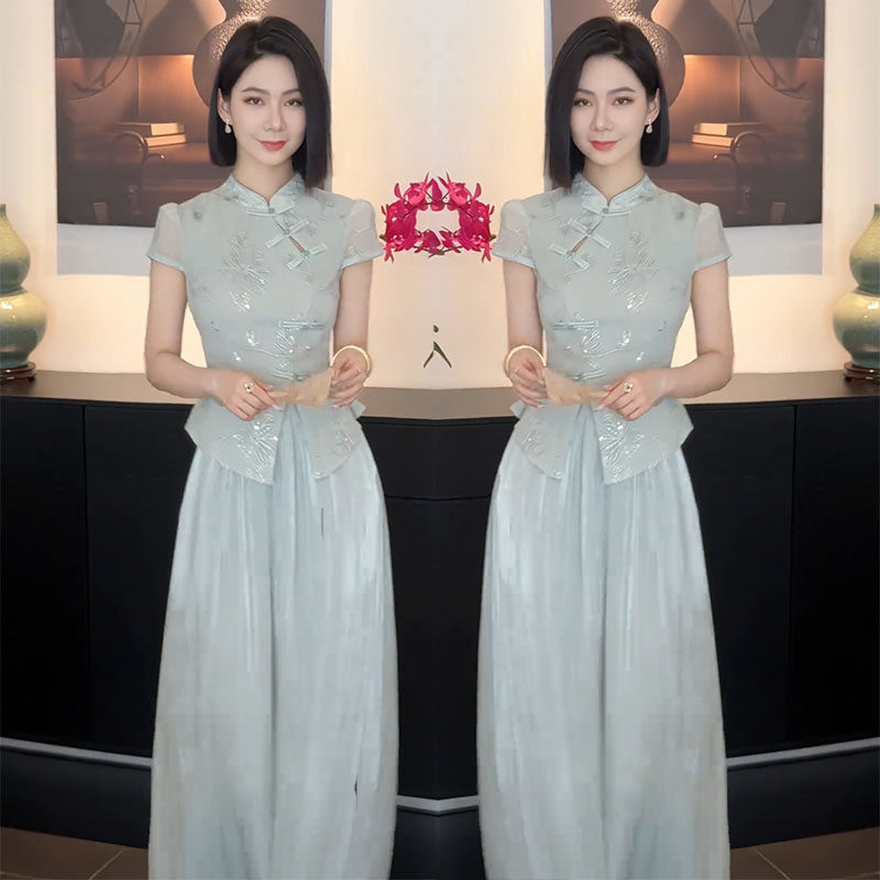 国风优雅精致套装女2025夏新款气质新中式短袖提花上衣高腰阔腿裤 - 时尚部落衣族出品