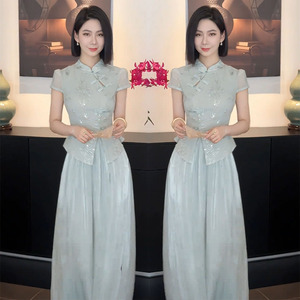 国风优雅精致套装女2025夏新款气质新中式短袖提花上衣高腰阔腿裤