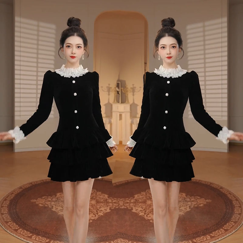 荷叶边中长款丝绒蛋糕连衣裙减龄