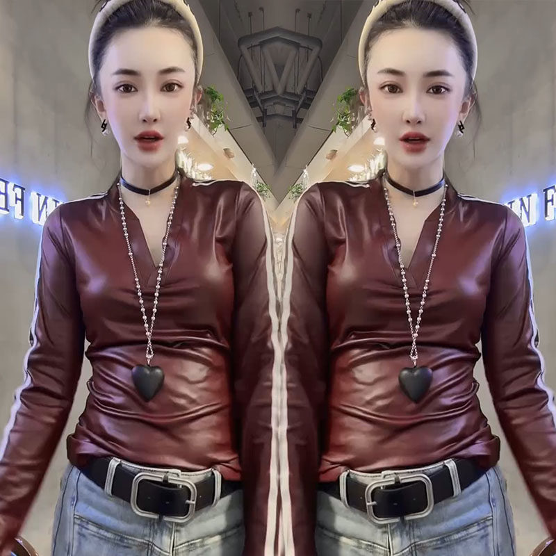 复古V领机车短款显瘦打底衫