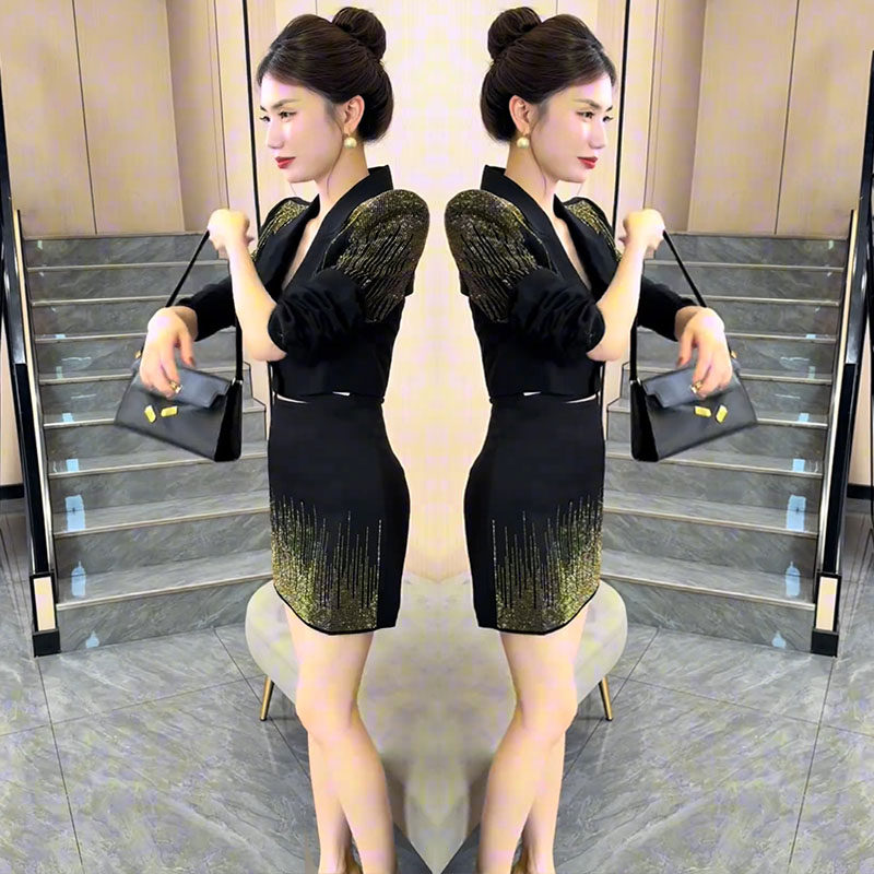 欧货高级感气质时尚套装女2025秋季新款重工钻修身西装外套裹臀裙