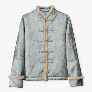 新中式 桑蚕丝棉服外套拼水貂毛高级感2025冬真丝羊毛棉衣百搭棉袄