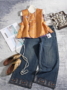 2025深圳南油精品牛仔裤 国风腰果花重工刺绣九分直筒阔腿裤秋冬