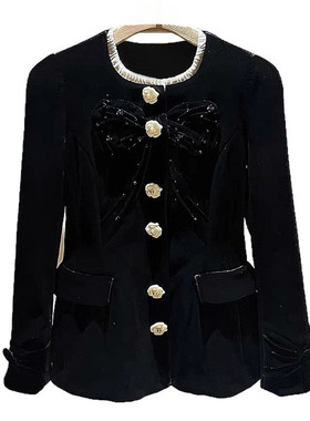 深圳南油2025冬女装法式名媛蝴蝶结千金风黑色丝绒外套S251015