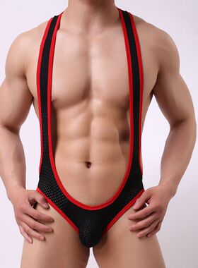 男士塑身连体衣男生网孔透气三角裤提臀双丁内裤运动性感吊带内衣