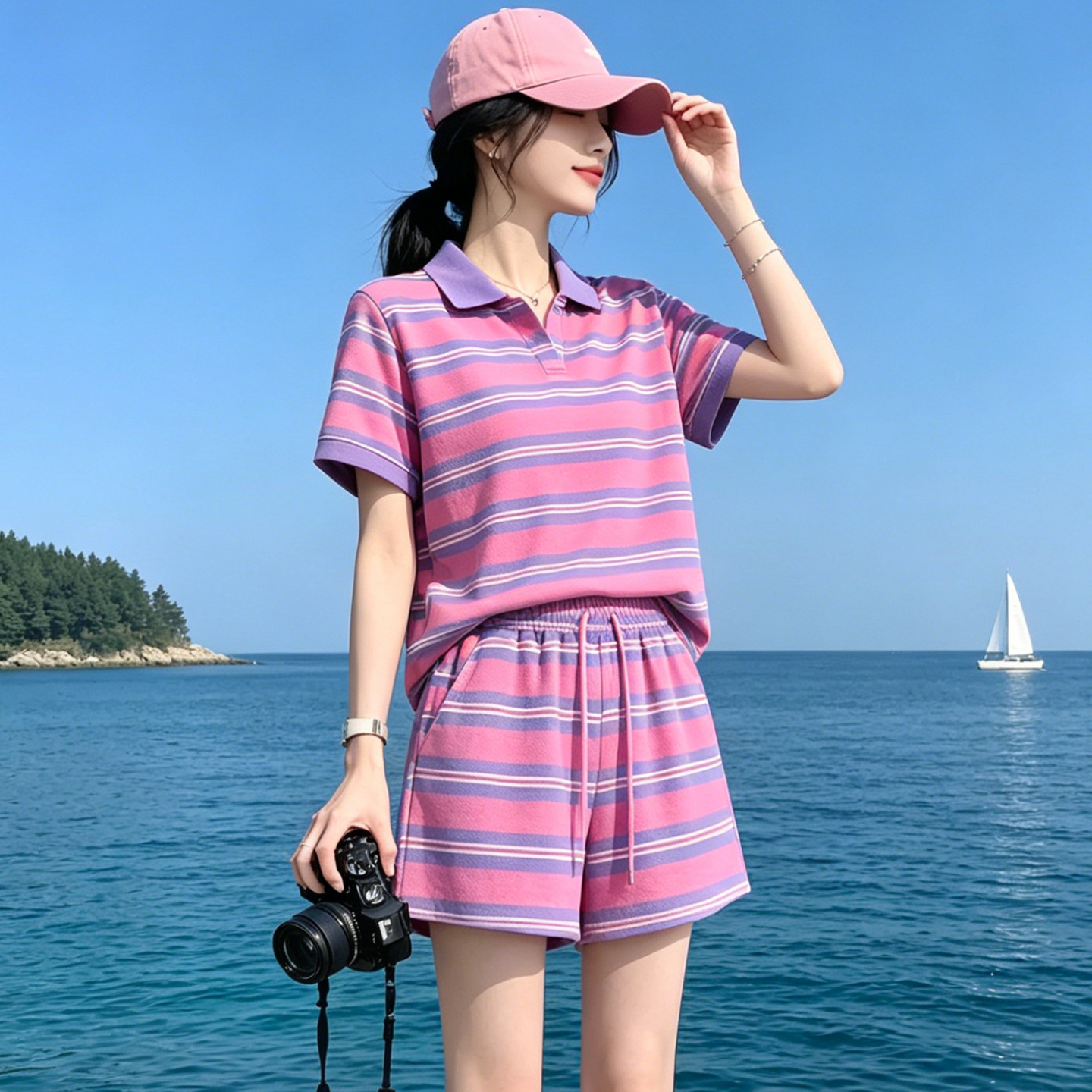 韩系撞色POLO领条纹短袖运动套装女夏减龄户外慵懒风短裤两件套