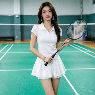 羽毛球POLO领短袖运动套装女夏小个子防走光短裤裙高尔夫网红球服
