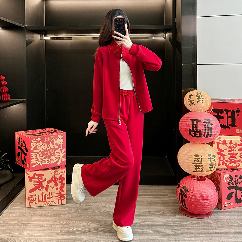 本命年大红色刺绣立领双拉链卫衣休闲运动套装女春季阔腿裤两件套,女装/女士精品,休闲运动套装,淘宝优惠券,粉丝福利购,淘宝优惠卷