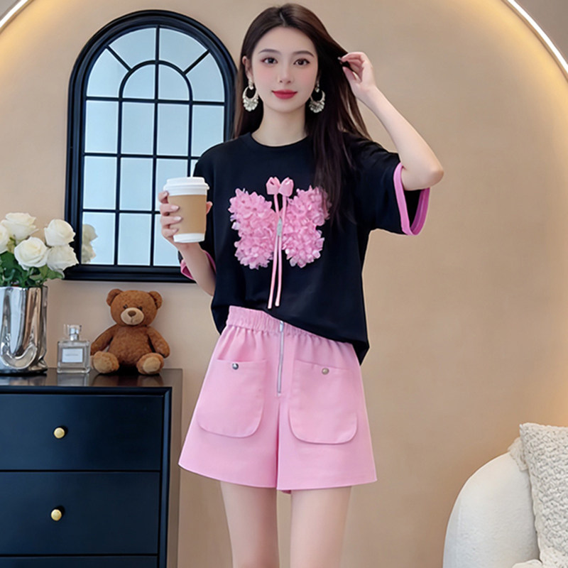 温柔系蝴蝶立体花短袖时尚套装女夏季宽松高腰粉色阔腿短裤两件套