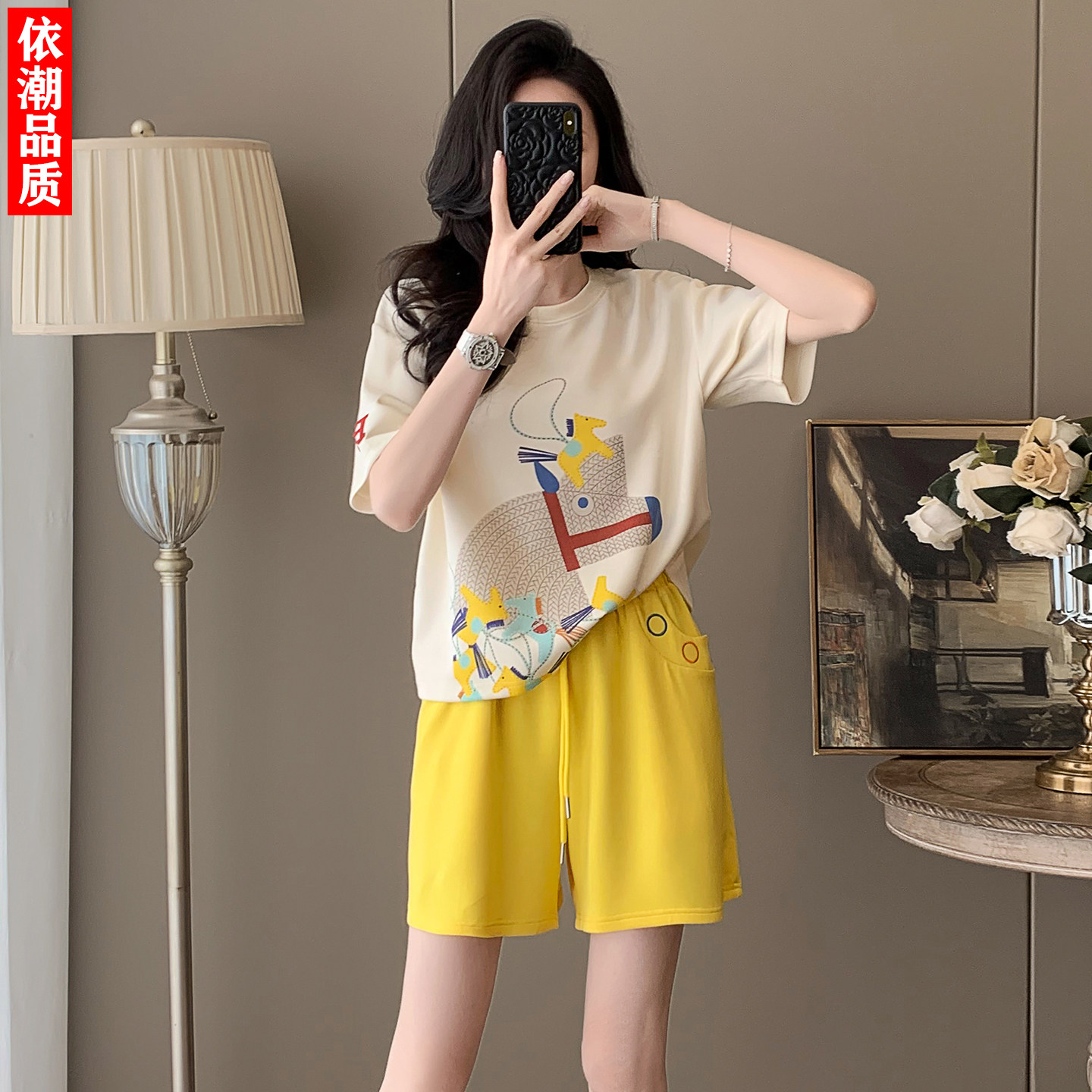 卡通印花短袖短裤休闲运动套装女