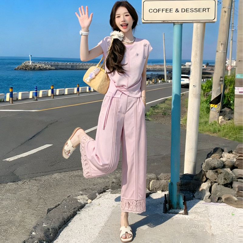 夏粉色短袖阔腿九分裤时尚套装女