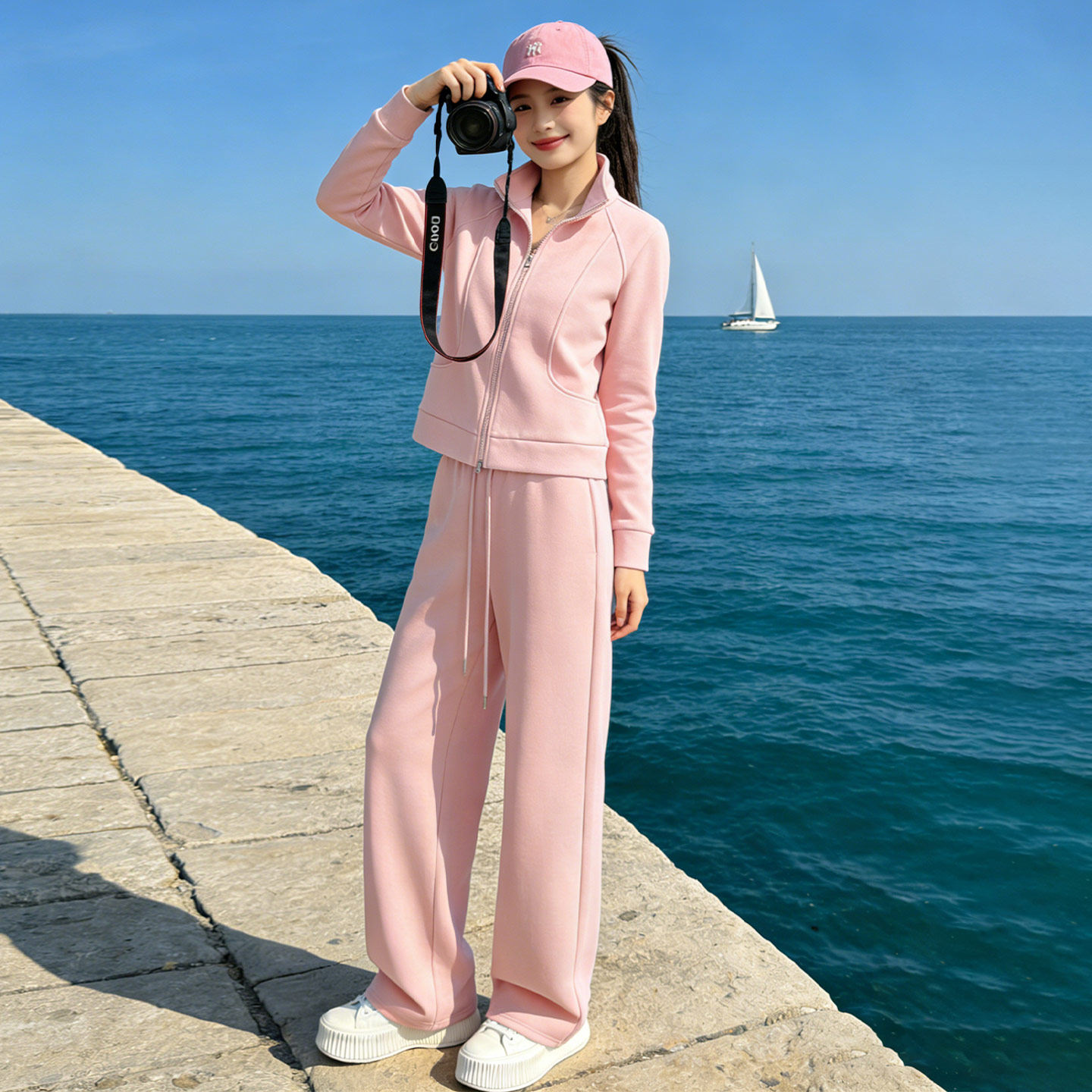 纯色简约立领双拉链卫衣休闲运动套装女2026春季高腰阔腿裤两件套