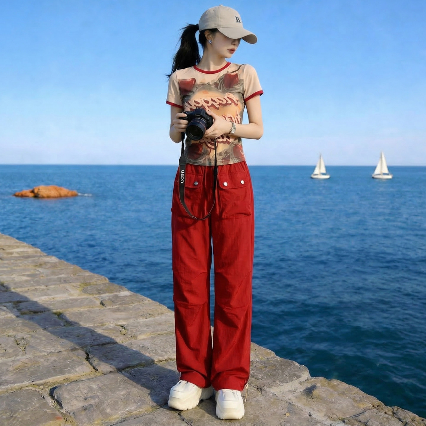 潮流印花短袖休闲运动套装女夏高腰速干阔腿工装裤跳舞练功两件套