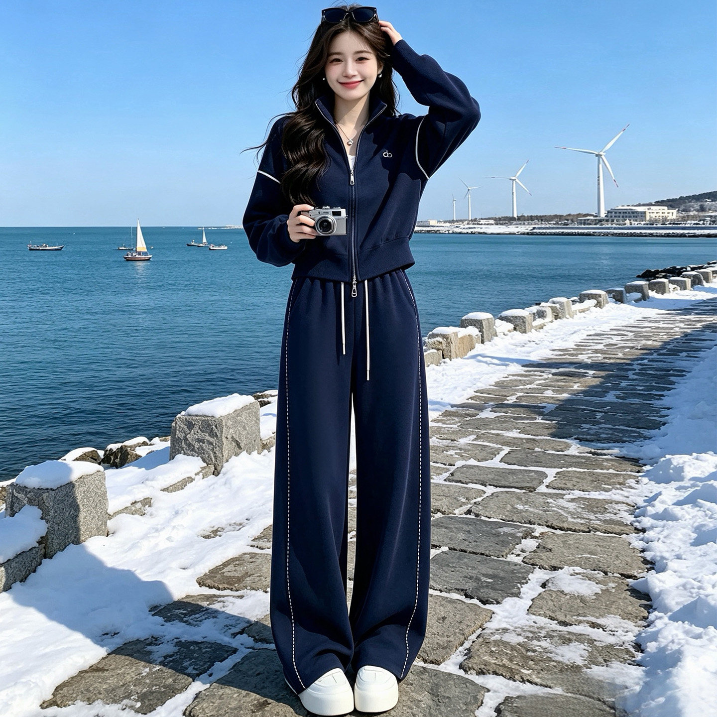 冬加厚拉链毛衣加绒阔腿裤套装女