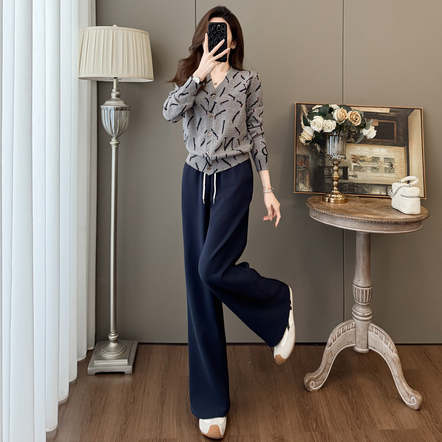 春秋OL针织开衫阔腿裤休闲套装女