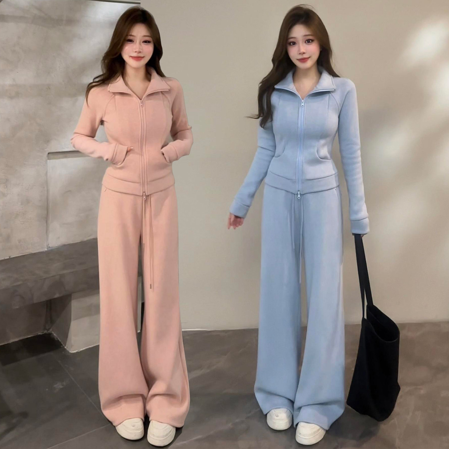 纯色简约立领双拉链卫衣休闲运动套装女2026春季高腰阔腿裤两件套