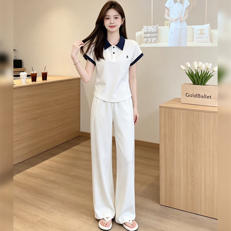 翻领蝙蝠短袖阔腿裤高尔夫套装女