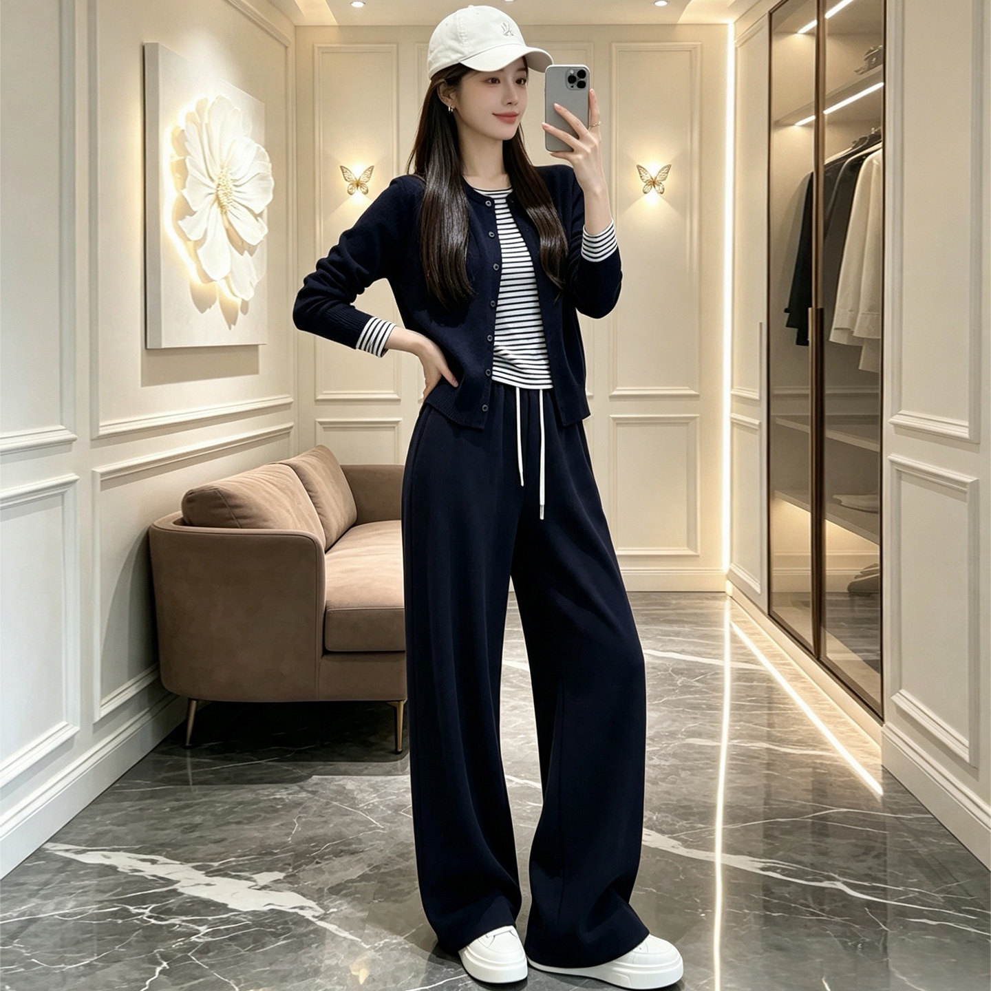条纹撞色假两件毛衫阔腿裤套装女
