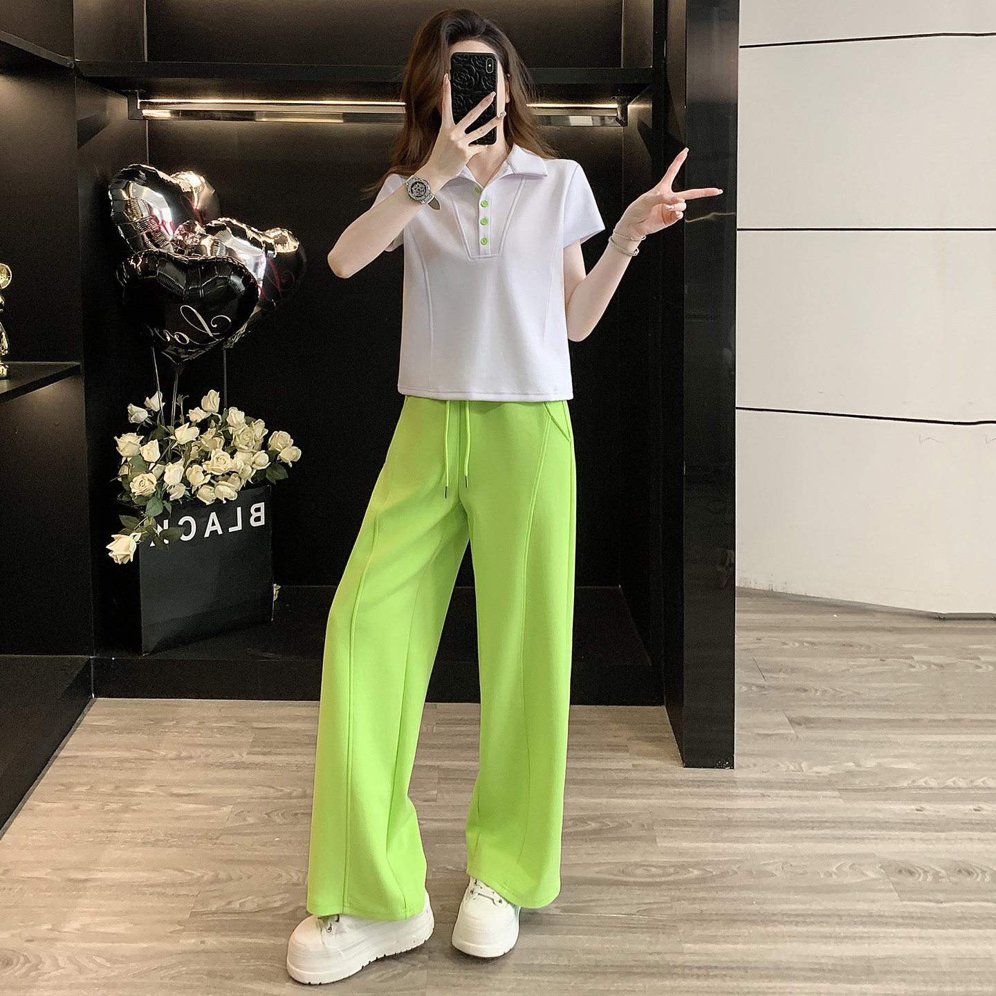 POLO领短袖阔腿裤休闲运动套装女