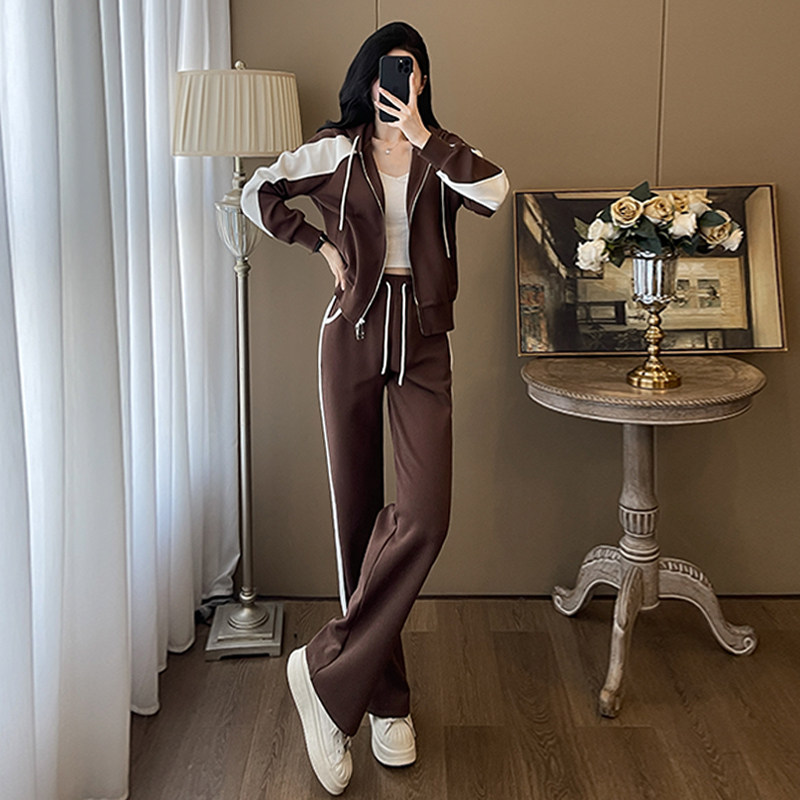 春撞色连帽卫衣直筒裤运动套装女