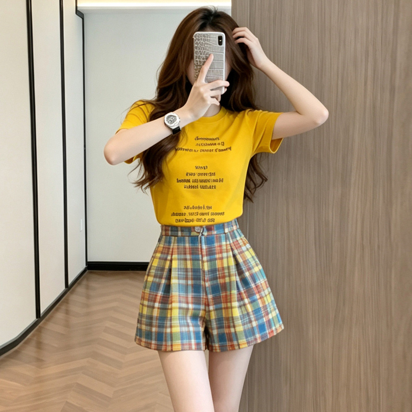 少女感度假显瘦字母短袖时尚套装女夏漂亮高腰阔腿格子短裤两件套