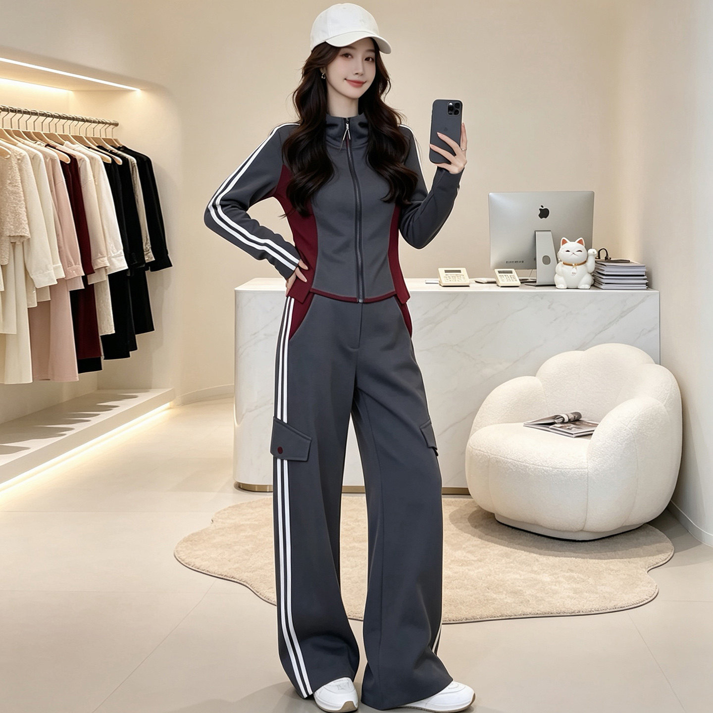 秋冬连帽撞色拉链卫衣运动套装女