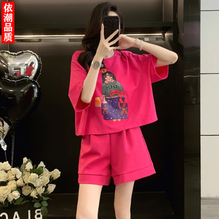韩版卡通印花半袖上衣休闲运动套装女夏季宽松遮肉落肩短裤两件套