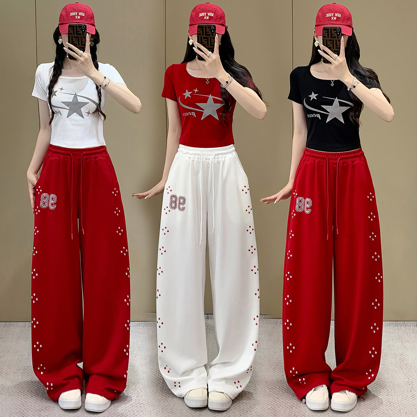 洋气短款上衣广场舞套装女夏高腰烫钻阔腿弯刀裤嘻哈风街舞两件套