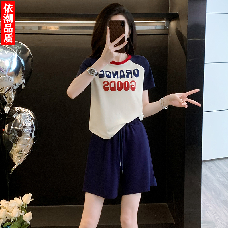 拼色插肩短袖t恤运动套装女夏ins风学生棉质跑步健身短裤羽毛球服