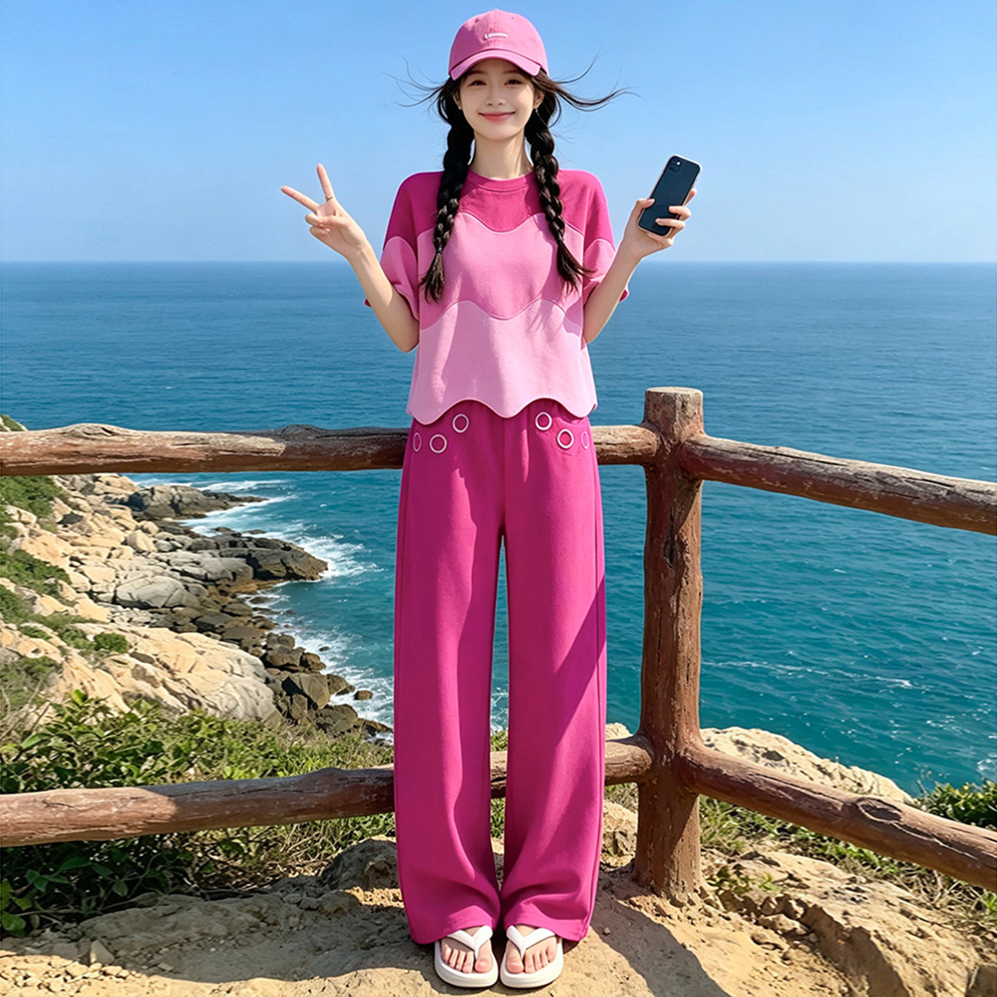夏韩版撞色短袖阔腿裤时尚套装女