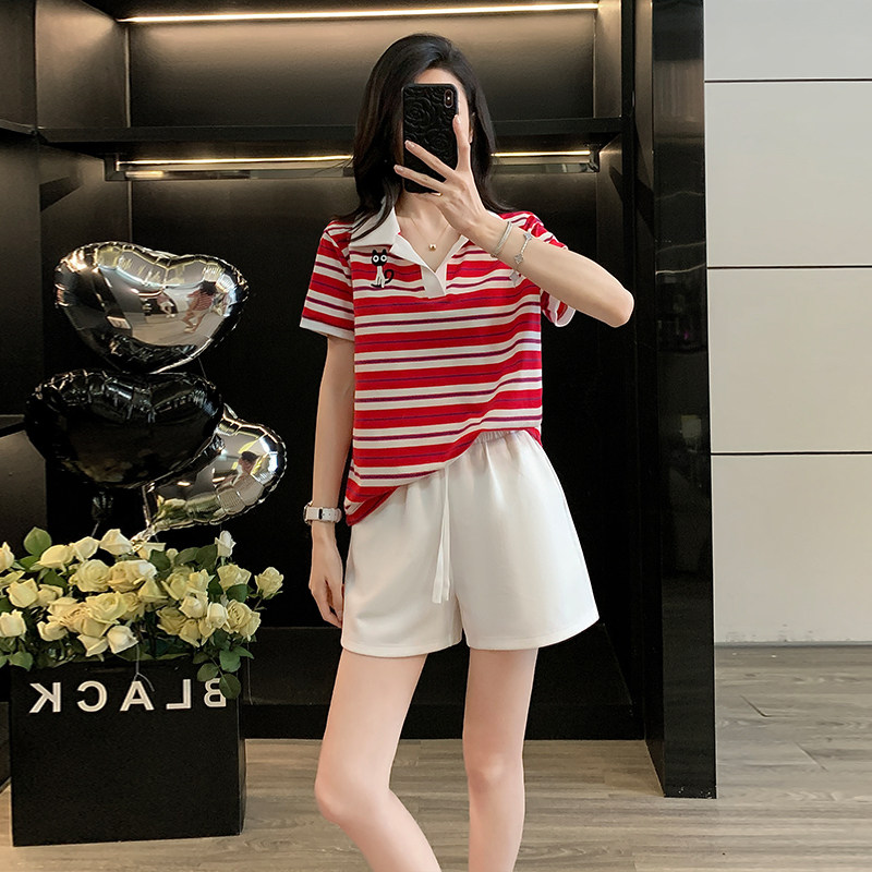 撞色POLO领条纹短袖短裤运动套装