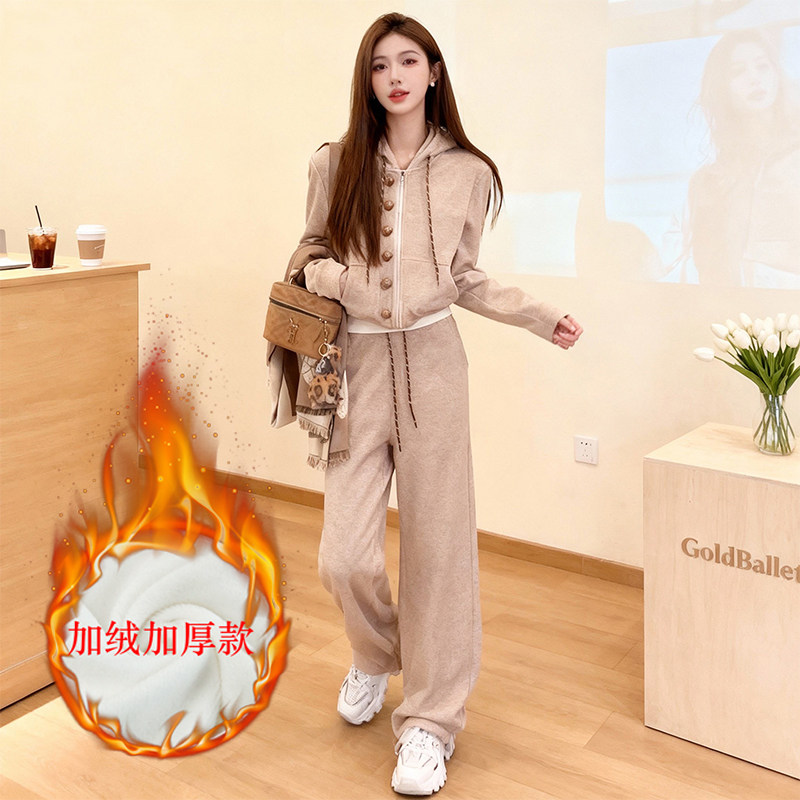 韩系超好看加绒连帽卫衣外套休闲运动套装女秋冬加厚阔腿裤两件套