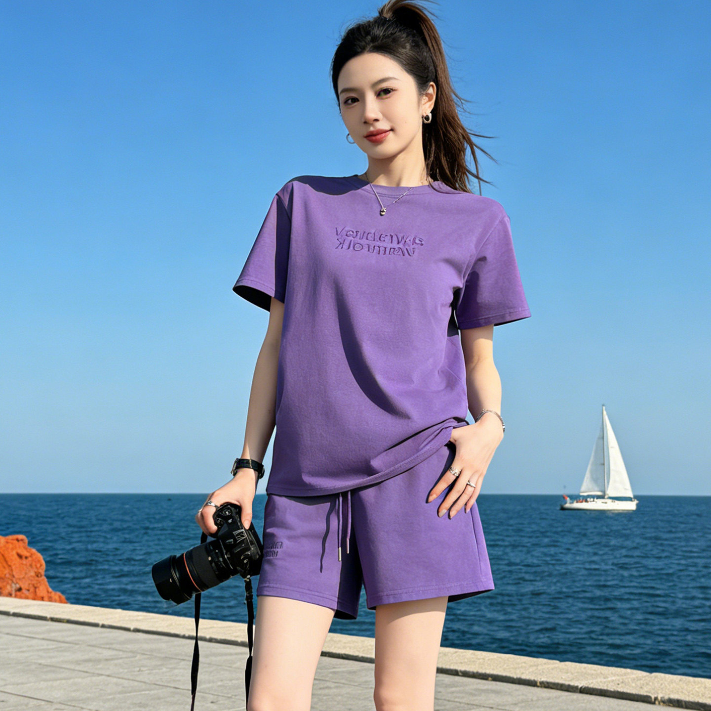 欧货刺绣字母紫色短袖运动套装女夏季新款慵懒风居家服短裤两件套