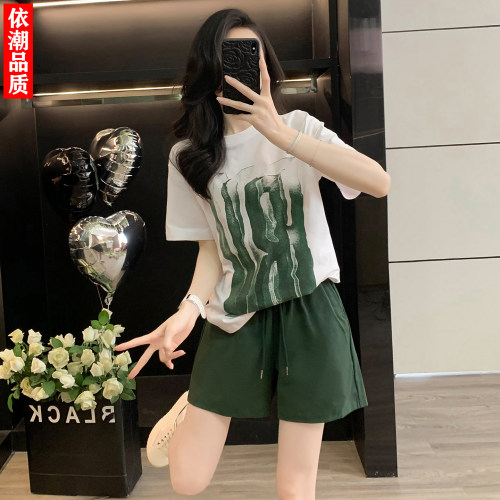 复古印花短袖短裤休闲运动套装女