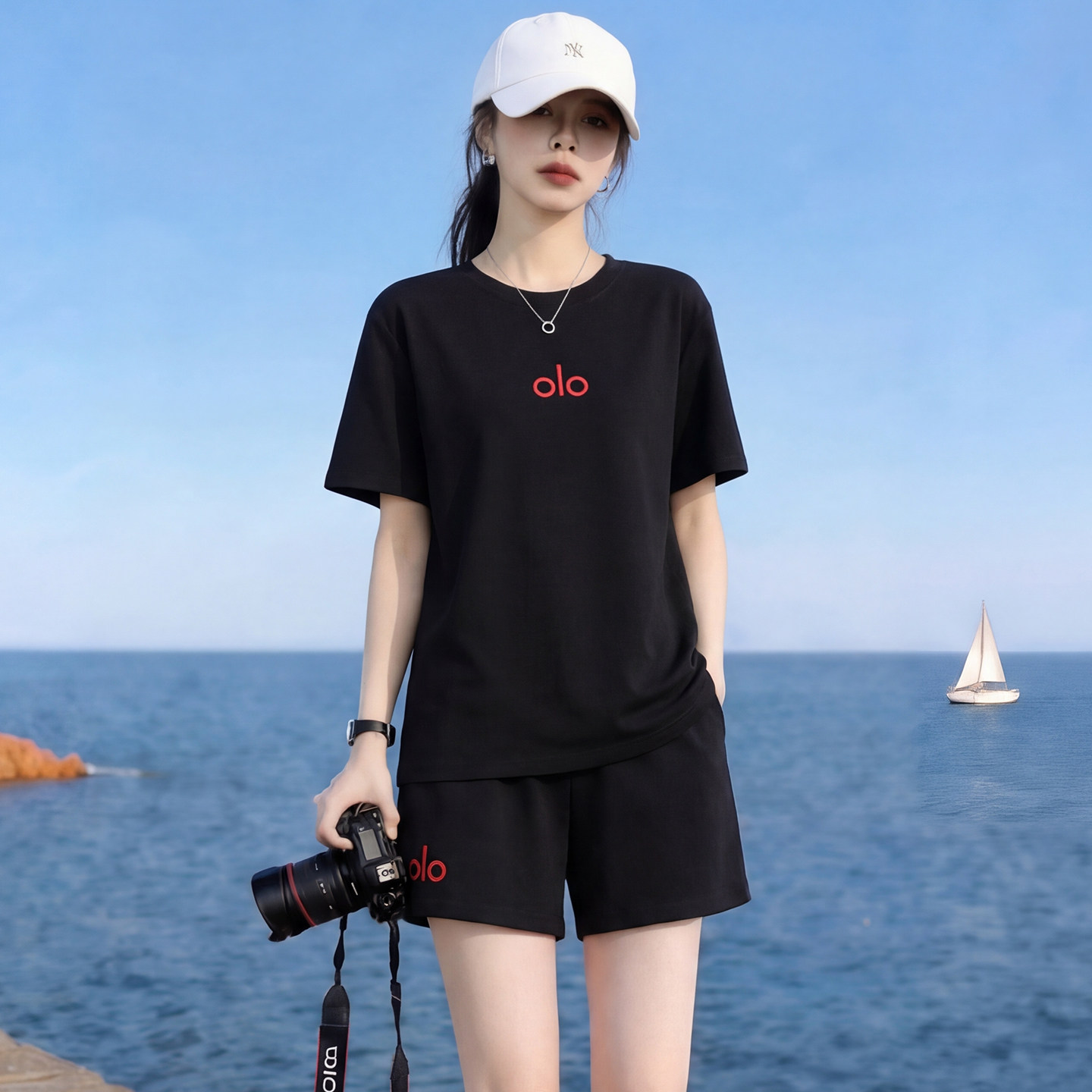 松弛感刺绣圆领跑步短袖运动套装女夏薄款纯棉羽毛球服短裤两件套