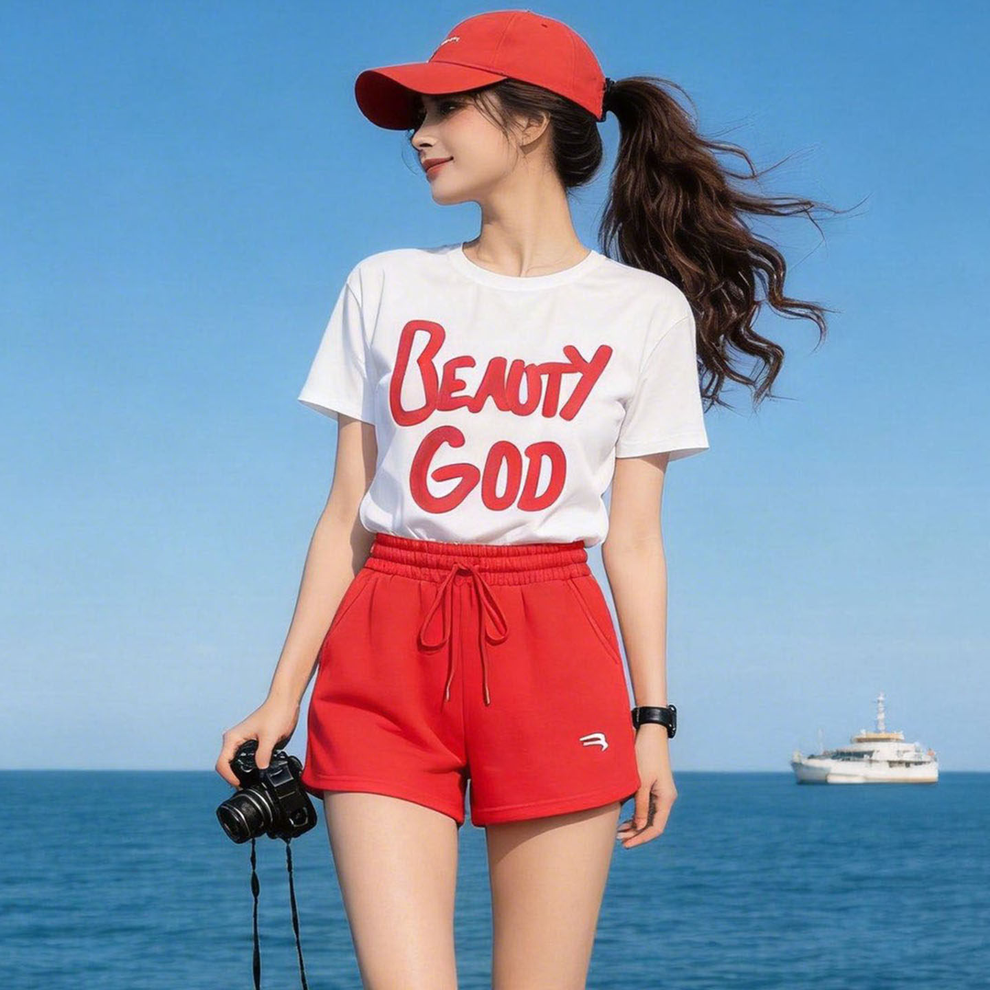 韩版宽松字母短袖广场舞套装女夏季红色短裤鬼步舞休闲运动两件套