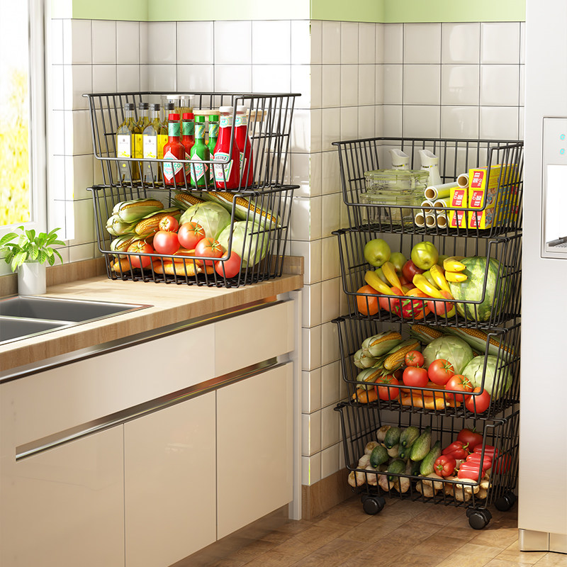 落地蔬果收纳筐水果收纳架厨房蔬菜置物架菜篮子多层家用菜篮带轮