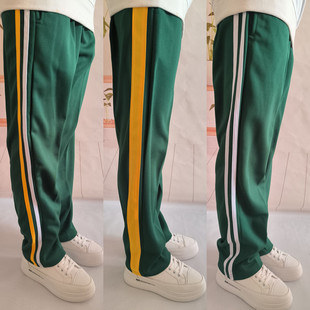 加绒深绿色秋冬季直筒一条杠宽黄条小学生校服裤子两道白杠运动裤