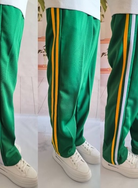 绿色秋冬校服裤中小学生双白条白黄条二道杠男女休闲裤运动裤