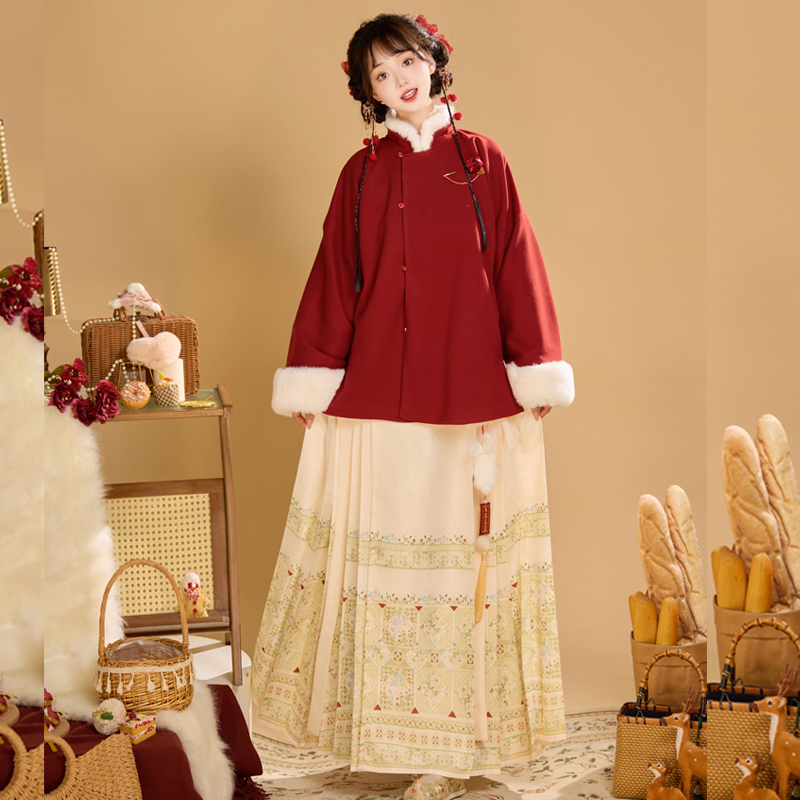 谣芸兮原创【山茶】明制汉服女立领加绒短袄日常国风冬季新款套装