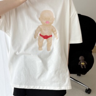 网红抽象可爱黑娃娃娜塔莎衣服温感变色T恤夏季纯棉白色短袖趣味