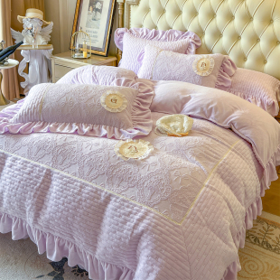 法式 加厚牛奶绒床裙四件套公主风花边床盖保暖被套珊瑚绒床单 冬季