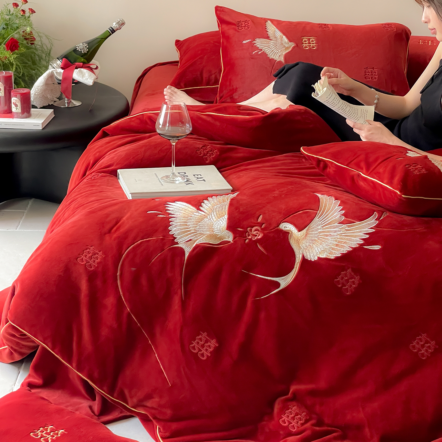 喜嫁冬季结婚用红色牛奶绒四件套喜上眉梢保暖被套送新人婚庆床品