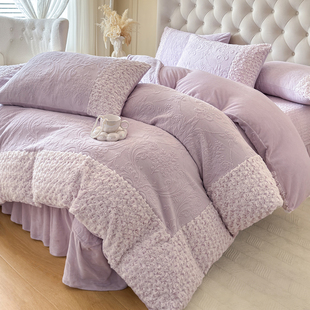 法式浪漫玫瑰雕花牛奶绒四件套冬季加厚毛绒床单被套保暖床上用品