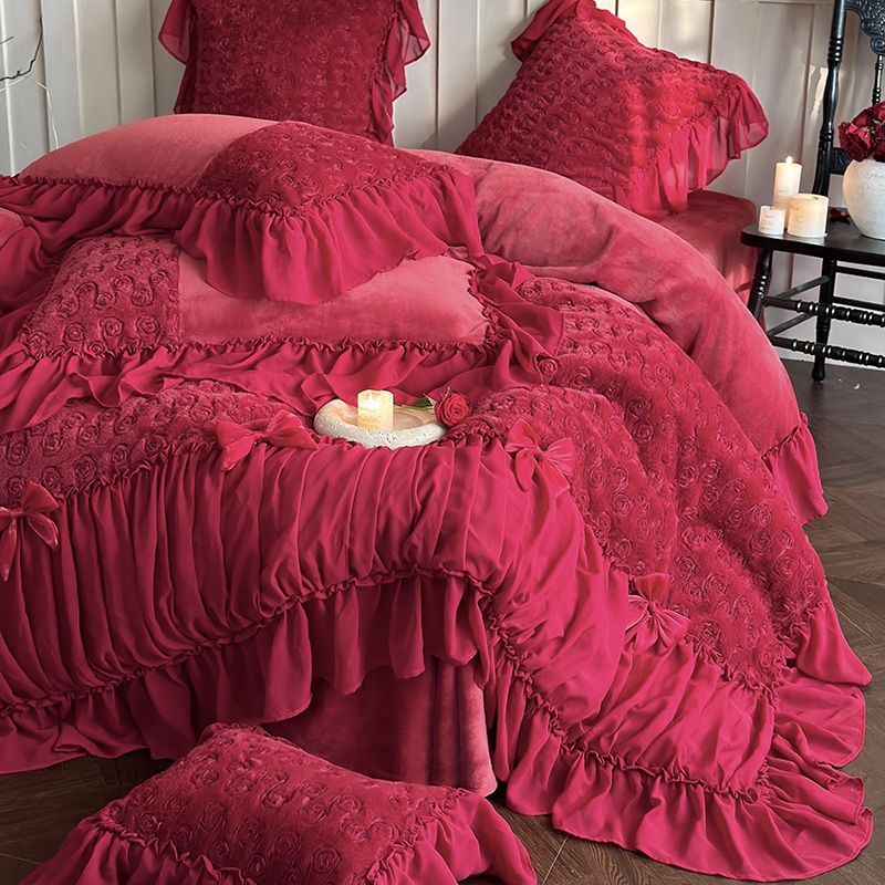 法式大红玫瑰牛奶绒结婚四件套